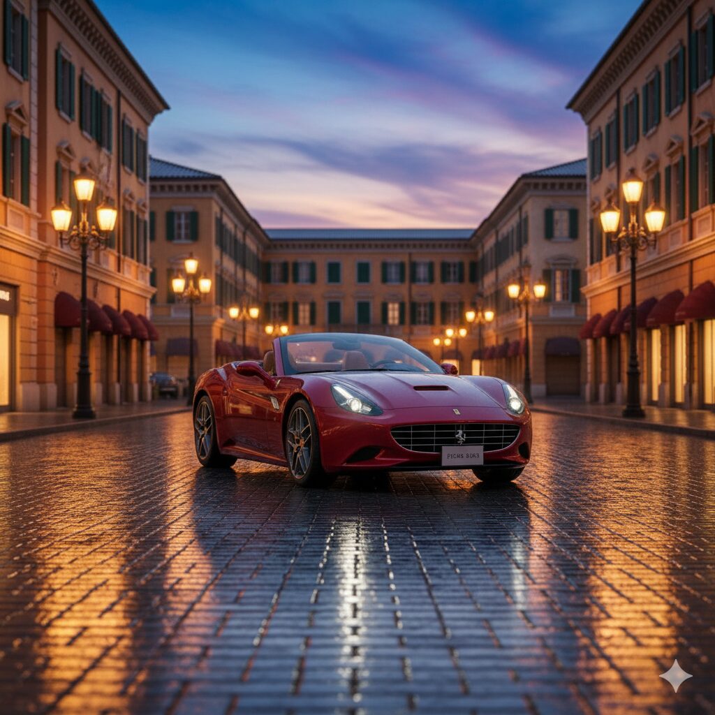 赤いスポーツカーが、夕焼け空の下、石畳の広場に停車している様子。周囲には街灯と歴史的な建物が並んでいます。