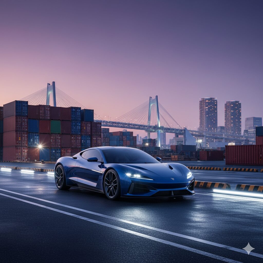 埠頭に停められた青いスポーツカー。背景にはコンテナと、夕暮れの空に映える橋や高層ビル群が見えます。