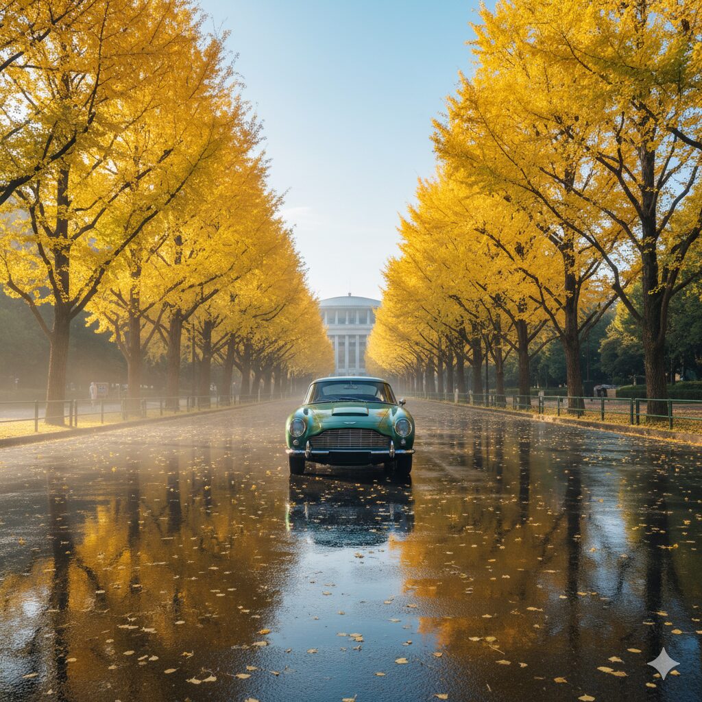 銀杏並木が美しい道に停められたクラシックカー。朝の光が差し込み、道は雨上がりのように濡れて反射しています。