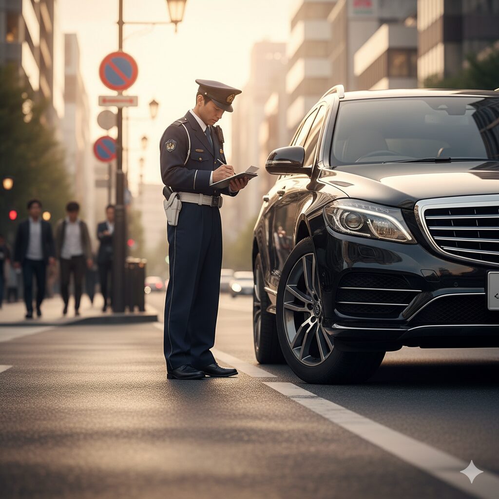 都市の通りで、警察官が高級車に駐車違反の切符を切っている様子。周囲には通行人が歩いています。