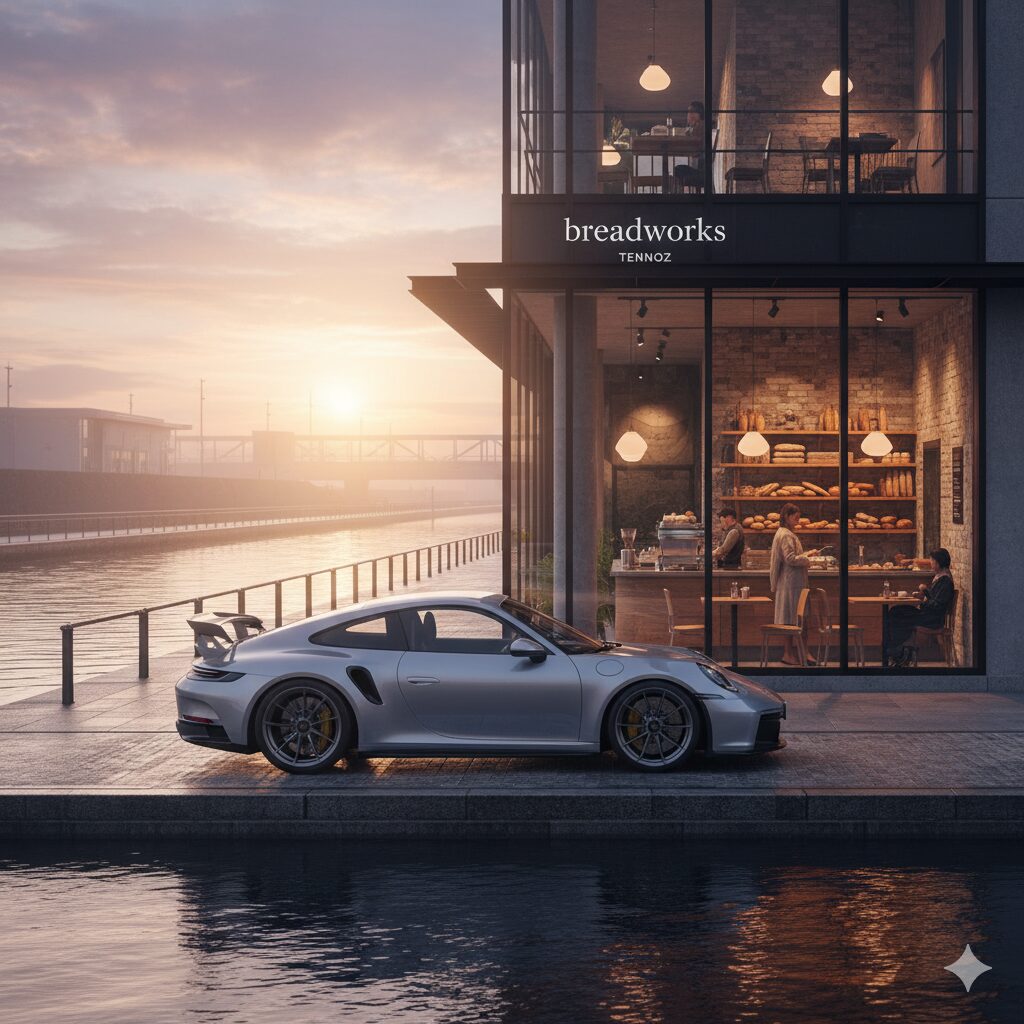 運河沿いのおしゃれなカフェ「breadworks TENNOZ」の前に停められたスポーツカー。店内では人々が朝食を楽しんでおり、外には運河と朝日が見えます。