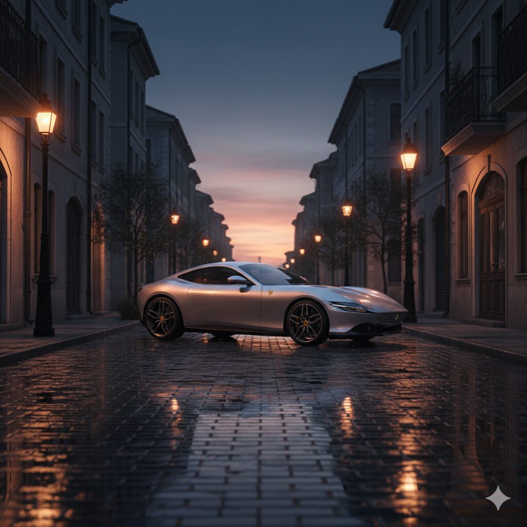 愛車が石畳の道を走り、両側には街灯に照らされた建物が並ぶ夕暮れ時のヨーロッパの街並み。