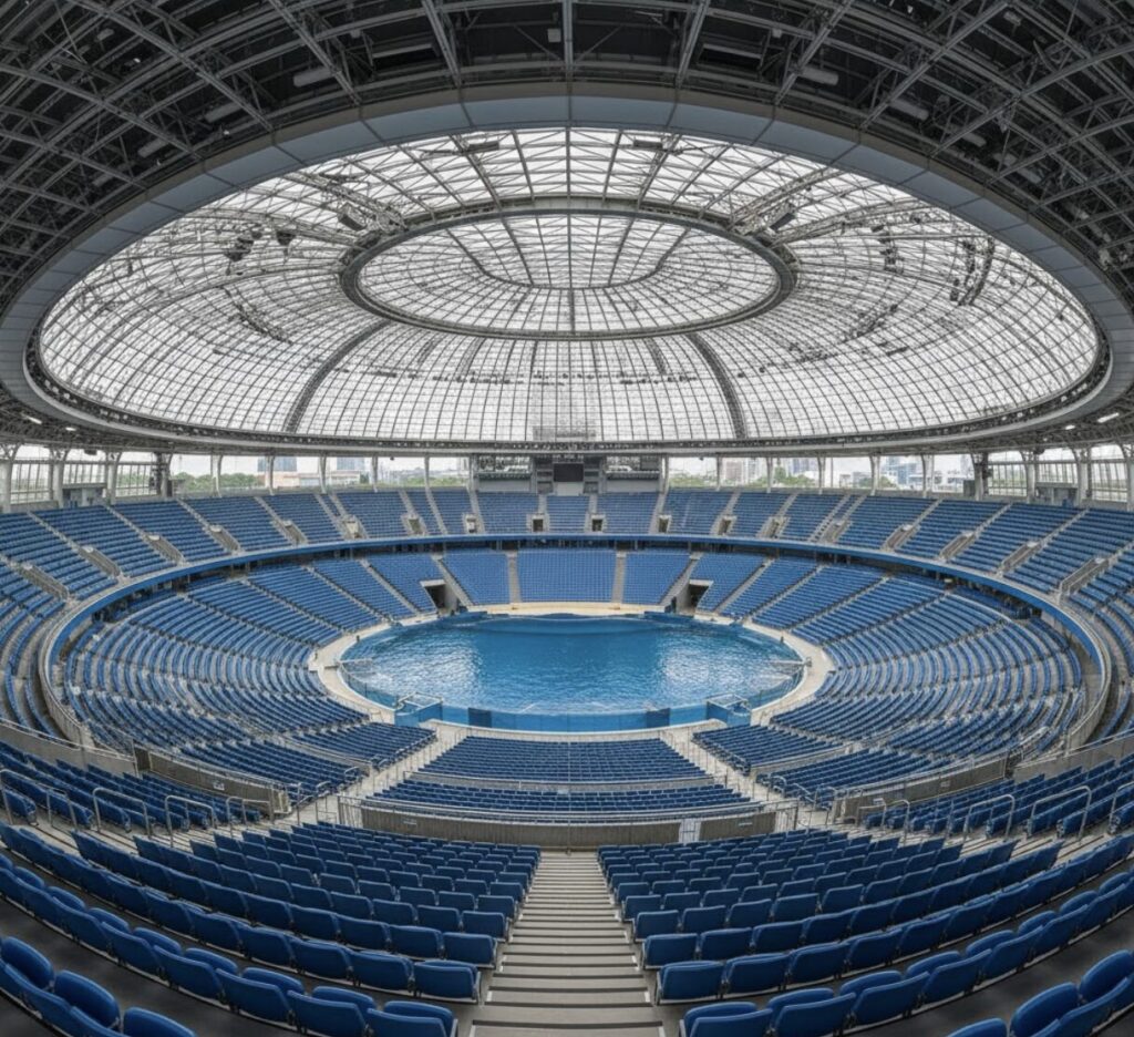 濡れる心配のない後方から全体を見渡せるスタジアムの座席。