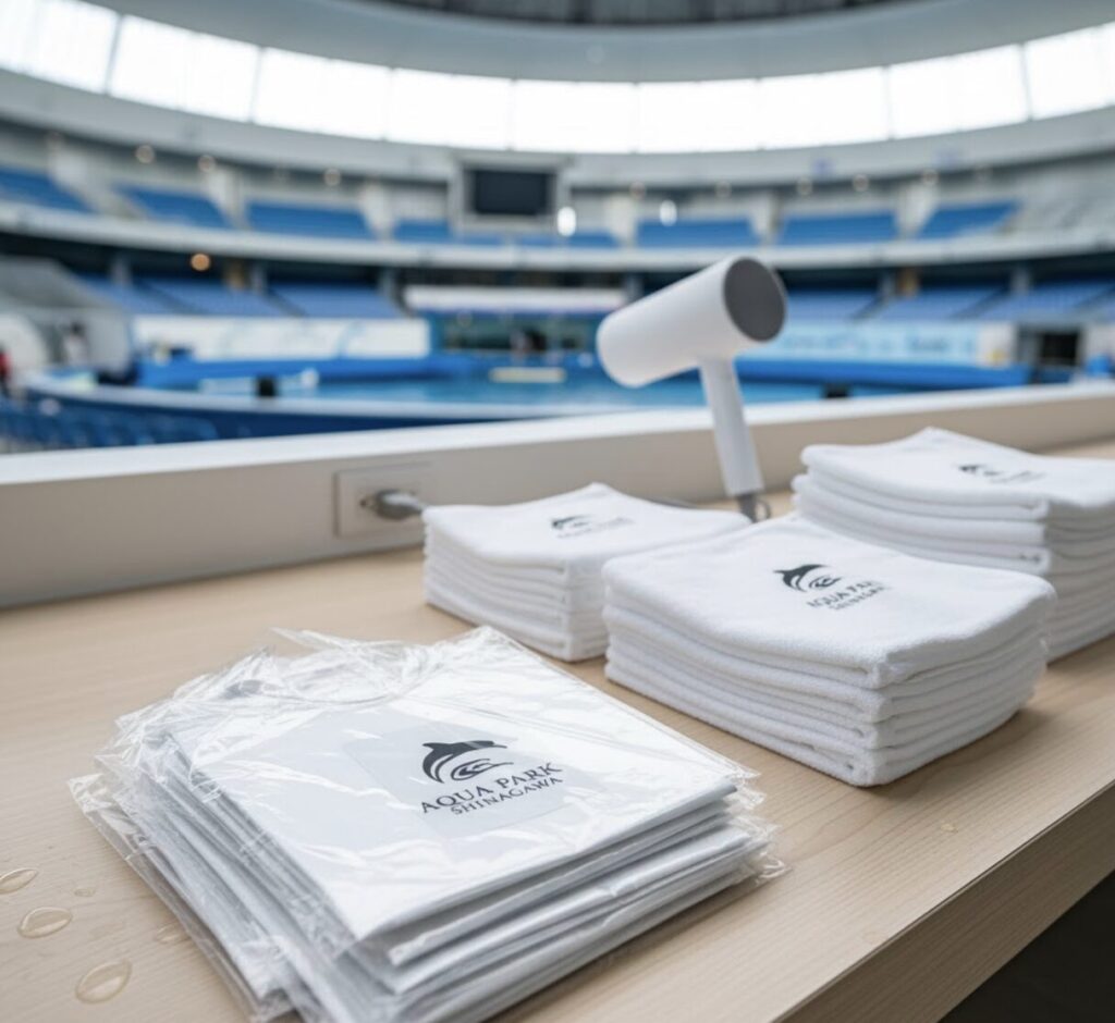 ショーで濡れた場合に備えて用意された、ポンチョとタオルのセット。