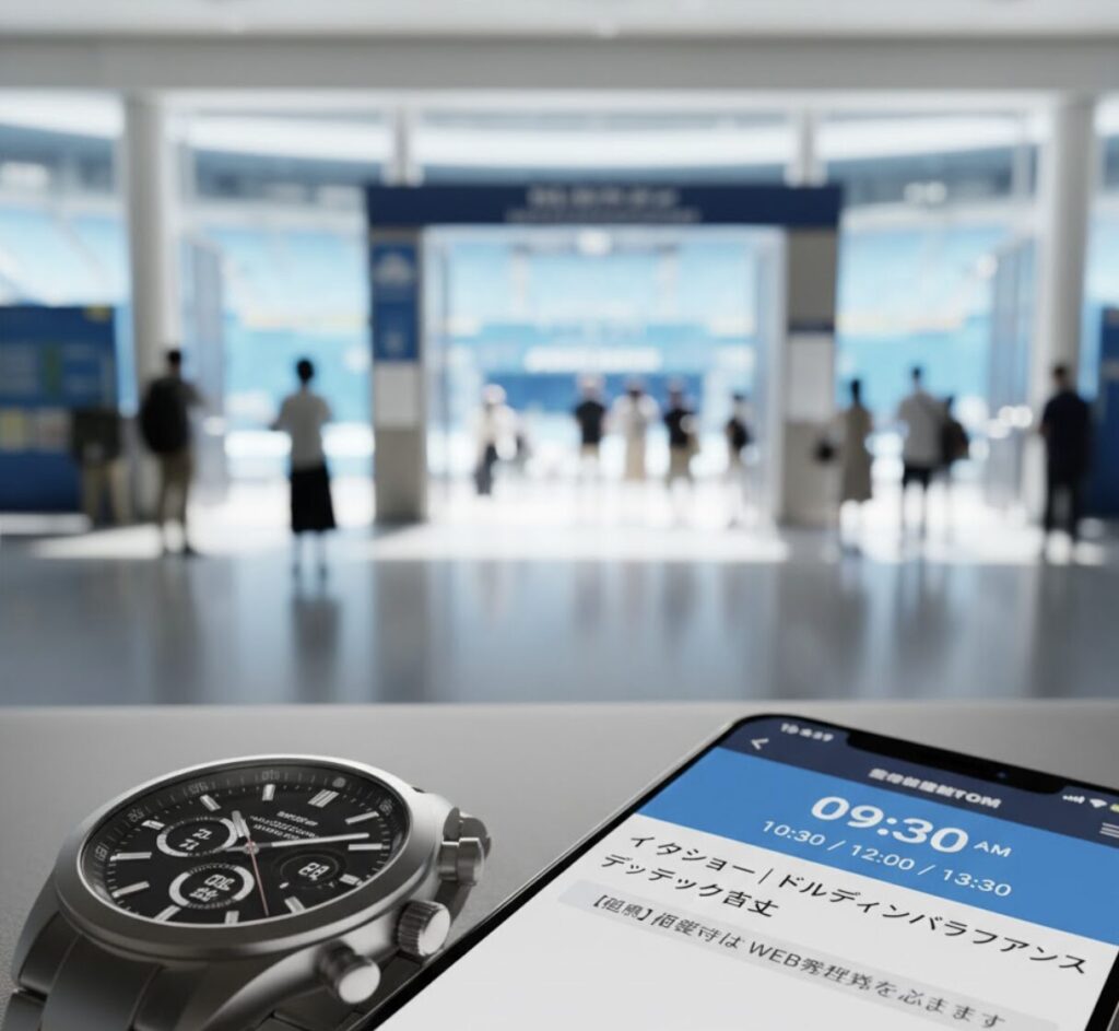 開場を待つ時間を暗示する時計またはスマートフォンの画面。