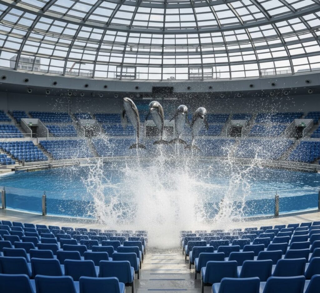 日中の明るい光の下、水面が近く見える前方の座席エリア。