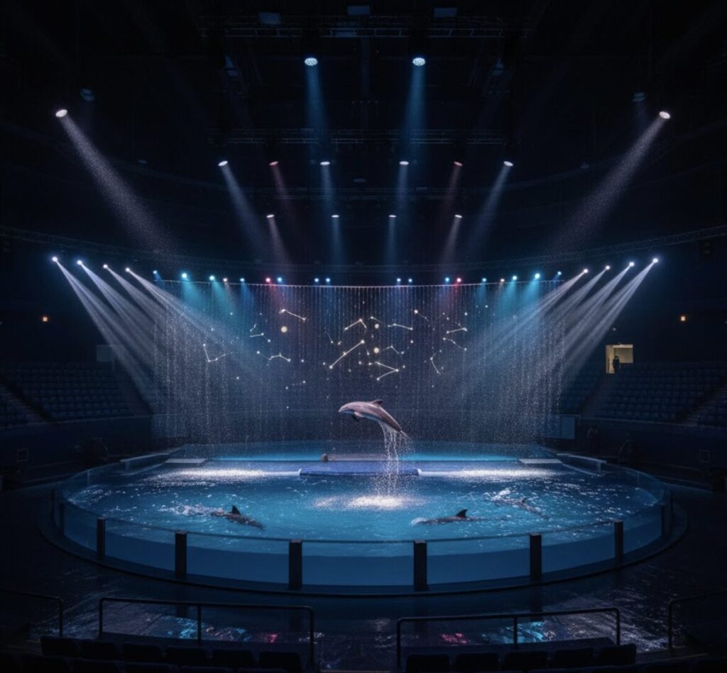 幻想的な青と紫の照明に照らされた、夜のイルカショーのプール。
