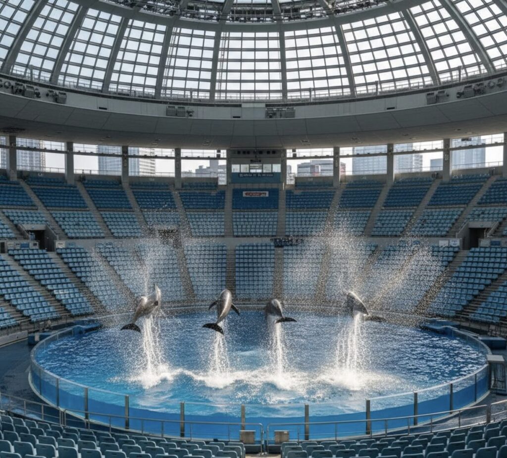 ダイナミックにジャンプし、水しぶきを上げるイルカ。円形スタジアムの様子。